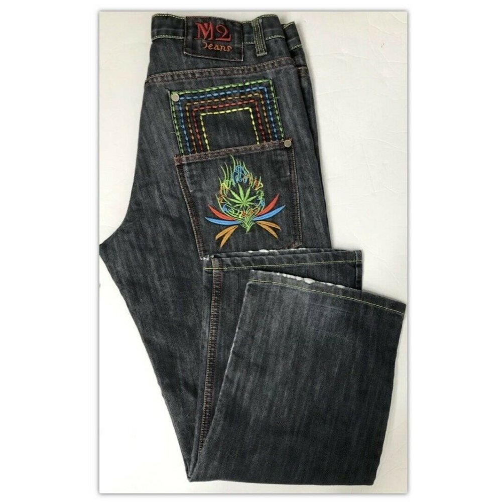 M2 Mens 34x29‎ Blue Denim Jeans Embroidered Straight Weed Wear Cannabis Hip Hop